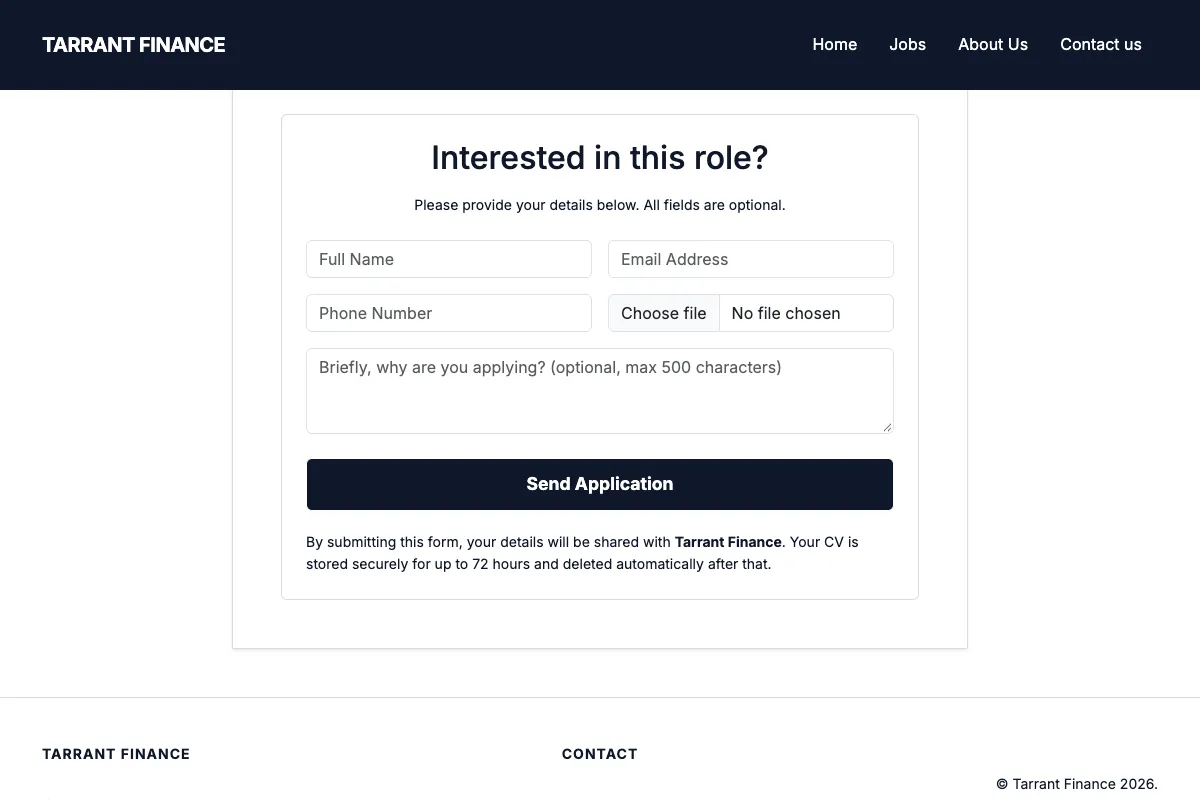 The application form for a job, with CV upload