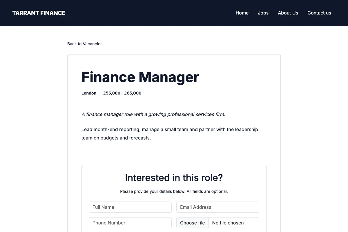 A job advert on a recruitment website, with the role, location and salary