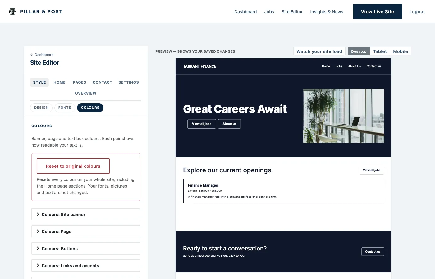The Site Editor with its colour controls open beside a preview of the site